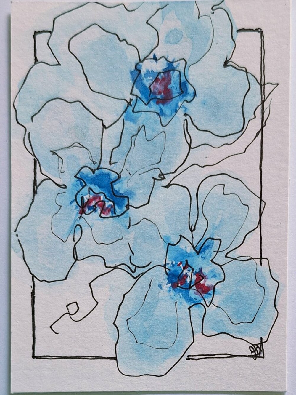 Original ACEO Watercolor Blue Floral with Iridescent Accents OOAK Signed